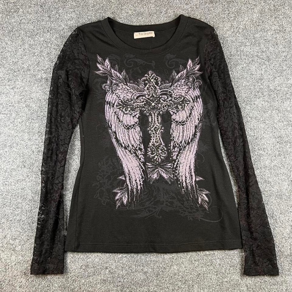 Vintage Bus Stop Los Angeles Long Sleeve Shirt Womens M Goth Grunge Lace USA